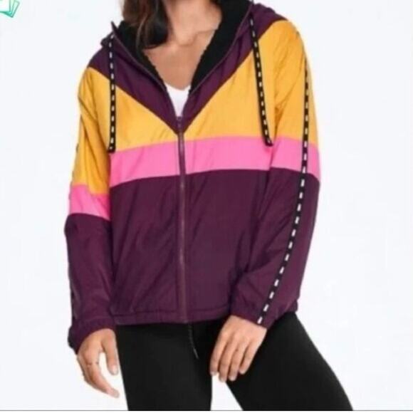 PINK Victoria's Secret Sherpa Lined Hooded Color Block Jacket Oversized Size XS - Picture 2 of 10
